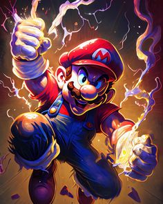 an image of mario in the style of video game artwork, with lightning coming from his hands