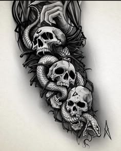 a tattoo design with skulls and snakes on it