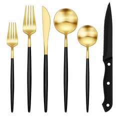 gold and black utensils are lined up on a white background