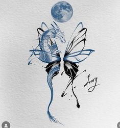 a drawing of a fairy with a dragon on it's back and the moon in the background