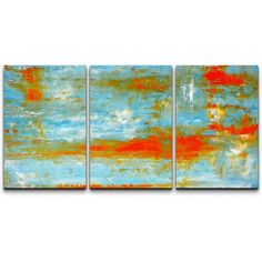 three pieces of abstract art on a white background, each with different colors and sizes