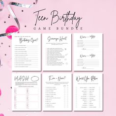 the birthday game bundle is shown with pink and silver confetti