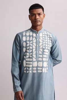 Light blue chanderi kurta with patchwork applique embroidered yoke. Comes with pant. - Aza Fashions Cotton Straight Kurta With Motifs, Cotton Kurta With Woven Motifs For Diwali, Diwali Cotton Kurta With Woven Motifs, Unstitched Cotton Kurta With Motifs, Multicolor Embroidered Kurta With Long Sleeves, Cotton Straight Kurta With Geometric Embroidery, Cotton Straight Kurta With Woven Motifs, Designer Cotton Straight Kurta, Cotton Kurta With Motifs For Eid