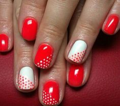 Red and white nails with diagonal polka dots by king nails in Moscow, Russia Red And White Gel Nails Short, Red Nail White Design, White Nails Red Accent, Red And White Design Nails, Red And White Summer Nails, Red White Nail Art, Simple Red And White Nails, Red Color Nail Designs