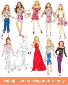 barbie doll sewing pattern with different outfits and clothes for the dolls, as well as their names