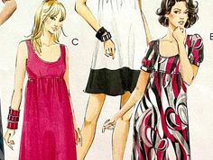 three women in different dresses standing next to each other with their hands on their hips