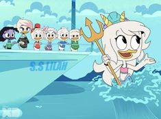 cartoon characters are riding on a boat in the water