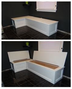 this is an image of a white bench in the middle of two different pictures,