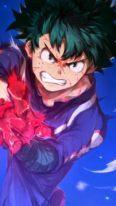 an anime character with green hair and blood on his face, in front of a blue sky