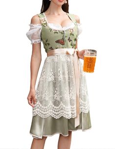 PRICES MAY VARY. Dress&apron: 100% polyester; Blouse: 95% polyester, 5% spandex. Imported Zipper closure Hand Wash Only Material: Soft comfortable knit fabric. Chic lace design nice to wear for holiday activities. Features: 3 piece/ square neck/ zip up/ off shoulder blouse/ floral dirndl dresses/ drawstring belt/ knee length/ slim fit oktoberfest costumes. The zipper and floral design with lace is more unique for carnival party, make you looks elegant and attractive~ Occasion: Suitable for oktob German Outfits Women, Oktoberfest Costume Women, Costumes Plus Size, Carnival Outfit, Carnival Dress, Oktoberfest Costume, Oktoberfest Halloween, Lace Apron, German Outfit