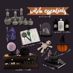 a witch's essentials kit includes an open book, candles, and other items