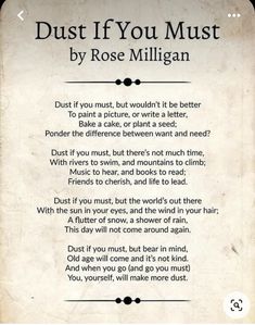 a poem written by rose milligan about what it means to be in the book dust if you must