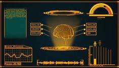 an image of a brain surrounded by various electronic devices and information about the human body