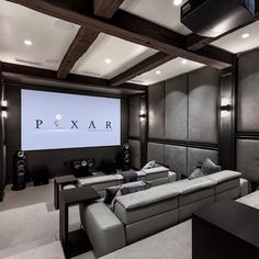 a home theater with couches and large screen