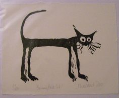 a black and white drawing of a cat with big eyes on it's back