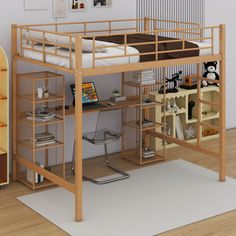 there is a bunk bed with a desk underneath it and shelves on the bottom floor