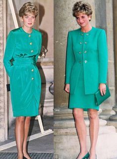 two women in green dresses standing next to each other and one is wearing black shoes