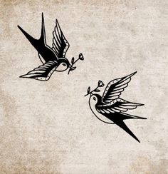 two birds flying next to each other on top of a white paper sheet with black ink