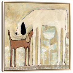 a painting of a dog standing in front of a wall with writing on the walls