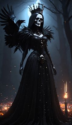 a skeleton wearing a black dress and crown standing in the middle of a dark forest