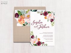 an elegant floral wedding suite with burgundy and peach flowers is displayed on a white background