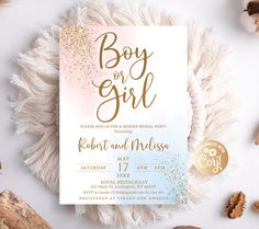 a baby girl shower party with pink and gold confetti on the front, white background