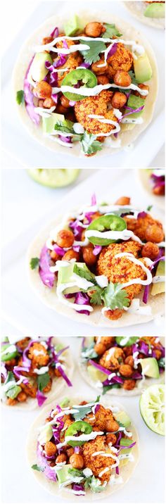 three different views of food on tortillas