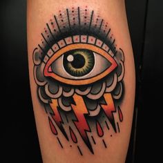 an eye with lightning coming out of it on the thigh, and in the middle of the leg