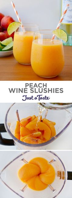 peaches and juices in glass bowls on a table