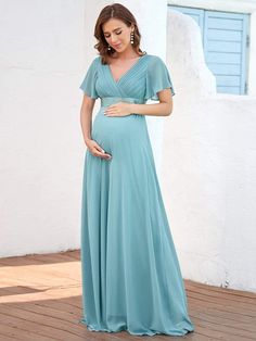 Color=Dusty blue | Ruffle Sleeve Floor-Length Formal Maternity Dress-Dusty Blue 1 Bump Friendly Dress, Elegant Maternity Dresses, Pregnant Bridesmaid, Chiffon Maternity Dress, Maternity Evening, Dress For Pregnant Women, Maternity Evening Dress, Formal Maternity Dress, Maternity Bridesmaid Dresses