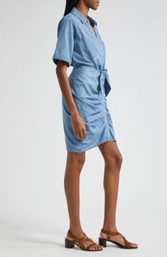 A fresh twist on casual shirtdress style features a re-positioned snap placket and a jaunty tie fixed at the waist. 38" length (size 8) Front tie closure Spread collar Short sleeves Attached sash 60% cotton, 40% Tencel® lyocell Tencel lyocell is a more-sustainably produced fiber made with closed-loop processing Dry clean Imported Spring Shirt Dress With Tie Waist And Relaxed Fit, Spring Relaxed Fit Shirt Dress With Tie Waist, Casual Relaxed Fit Shirt Dress For Work, Spring Short Sleeve Shirt Dress With Tie Fastening, Short Sleeve Shirt Dress With Tie Fastening For Spring, Fitted Shirt Dress With Tie Waist For Spring, Casual Daywear Dress With Tie Fastening, Fitted Shirt Dress With Tie Waist For Day Out, Casual Dresses With Tie Fastening For Daywear