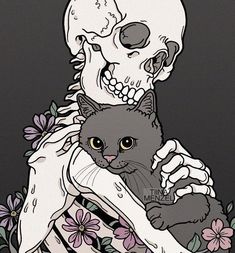 a drawing of a cat and a human skull