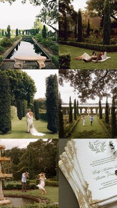 the wedding photos are taken at different locations in the park and on the lawns