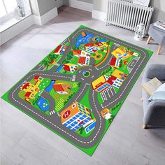 a child's play area rug in the shape of a road with cars and buildings