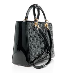 This is an authentic CHRISTIAN DIOR Patent Cannage Large Lady Dior in Black. This handbag is crafted of shiny geometric-quilted leather in black. The bag features leather top handles and an optional shoulder strap with polished gold hardware including hanging Dior initials logo charms. The top zipper opens to a black Dior monogram jacquard interior with a zipper pocket. Large Lady Dior, Dior Monogram, Initials Logo, Quilted Leather, Lady Dior, Leather Top, Gold Hardware, Christian Dior, Zipper Pocket