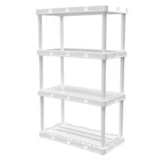 three tiered shelving unit with white plastic shelves