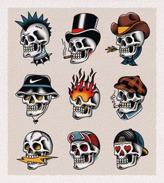 a bunch of skulls with different hats and tattoos on their heads, all in different colors