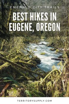 a river surrounded by trees with the words best hikes in eugene, oregon