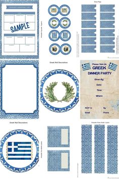 blue and white printable paper with greek borders, plates, and other items