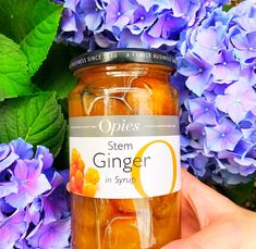 a hand holding a jar of ginger in front of purple flowers