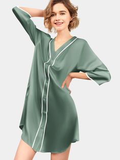 Silk Luxury Nightshirt, 100% Silk Sleepshirts | Elle Silk Chic V-neck Nightgown For Loungewear, Silk Sleepwear For Summer Lounging, Long Sleeve Satin Sleepwear For Spring, Spring Long Sleeve Silk Sleepwear, Spring Silk Sleepwear For Night, Silk Sleepwear For Spring Lounging, Chic Satin Sleepwear For Loungewear, Silk V-neck Sleepwear For Bedtime, Casual Silk Sleepwear For Spring