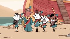 cartoon characters standing in front of a boat