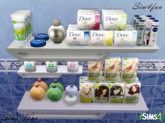 a shelf filled with lots of different types of skin care products on top of a tiled wall