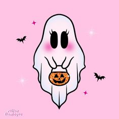 a ghost with a pumpkin on it's nose and bats around its neck, against a pink background