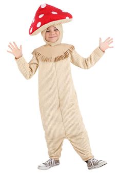 a child in a mushroom costume is posing for the camera