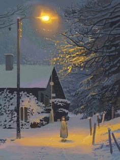 a painting of a person walking in the snow at night with a street light on