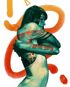 an illustration of a woman with tattoos on her arm and arms wrapped around the body