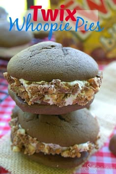 three cookies stacked on top of each other with the words twix whoopie pies in the background