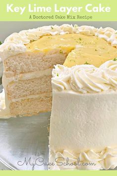 a close up of a cake on a plate with the words key lime layer cake