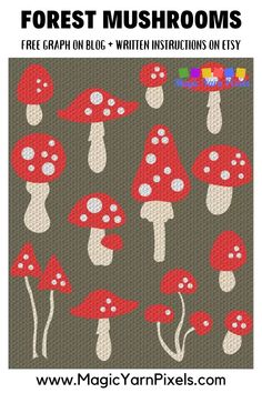 a cross stitch pattern with red mushrooms on the front and bottom, in grey background